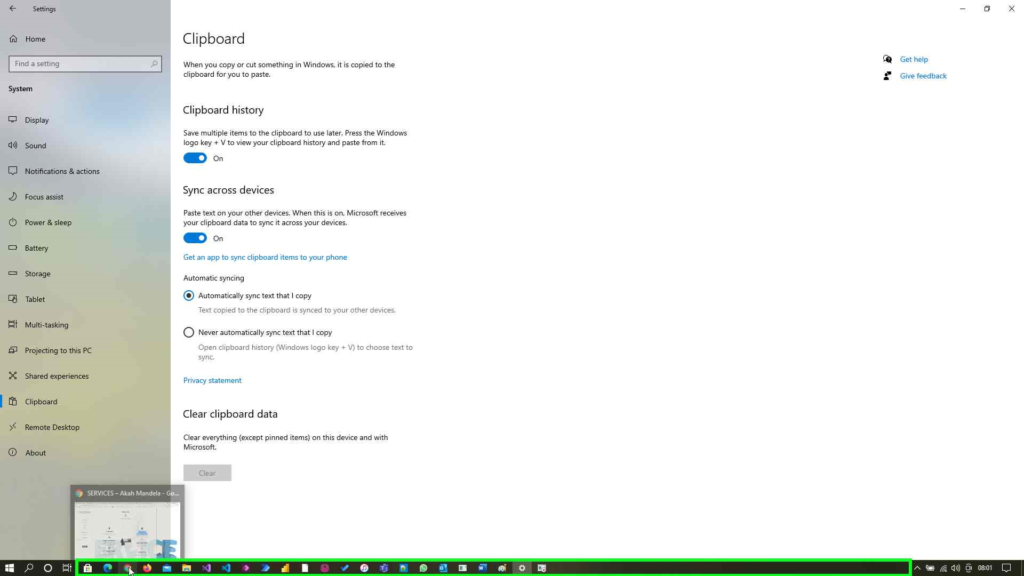 Windows 10 clipboard history is ON